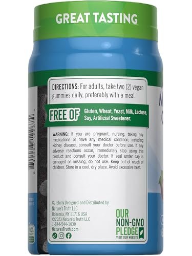 Nature's Truth Magnesium Glycinat Gummibärchen für Erwachsene | 200 mg | 60 Stück | Vegan, Nicht-GVO & Glutenfrei | Traubengeschmack