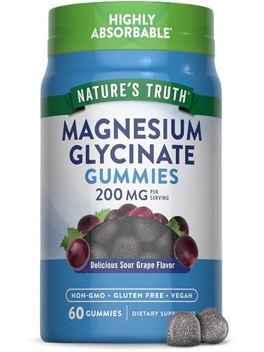 Nature's Truth Magnesium Glycinat Gummibärchen für Erwachsene | 200 mg | 60 Stück | Vegan, Nicht-GVO & Glutenfrei | Traubengeschmack