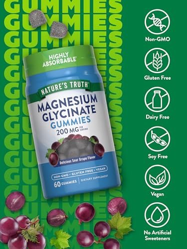 Nature's Truth Magnesium Glycinat Gummibärchen für Erwachsene | 200 mg | 60 Stück | Vegan, Nicht-GVO & Glutenfrei | Traubengeschmack