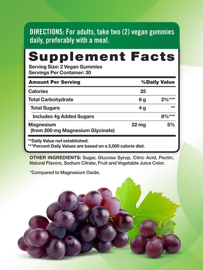 Nature's Truth Magnesium Glycinat Gummibärchen für Erwachsene | 200 mg | 60 Stück | Vegan, Nicht-GVO & Glutenfrei | Traubengeschmack