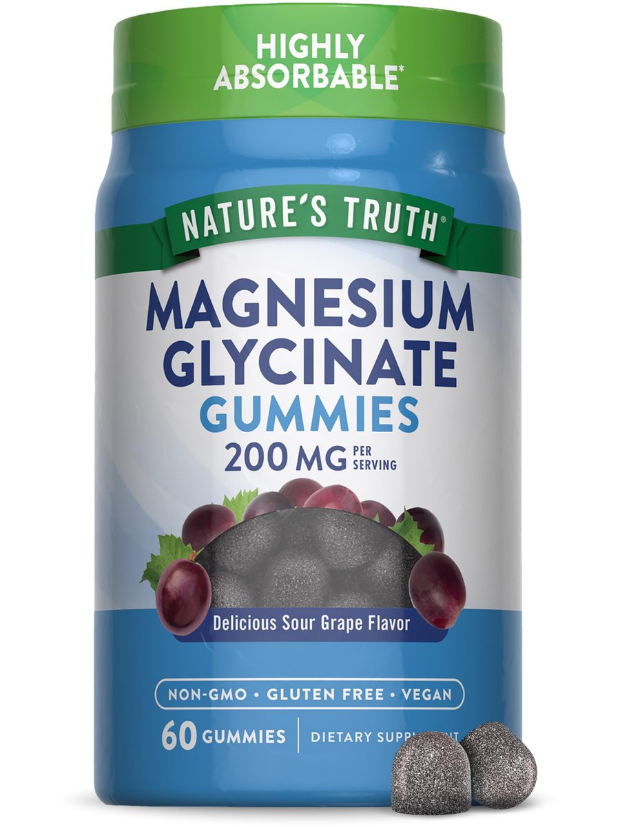 Nature's Truth Magnesium Glycinat Gummibärchen für Erwachsene | 200 mg | 60 Stück | Vegan, Nicht-GVO & Glutenfrei | Traubengeschmack
