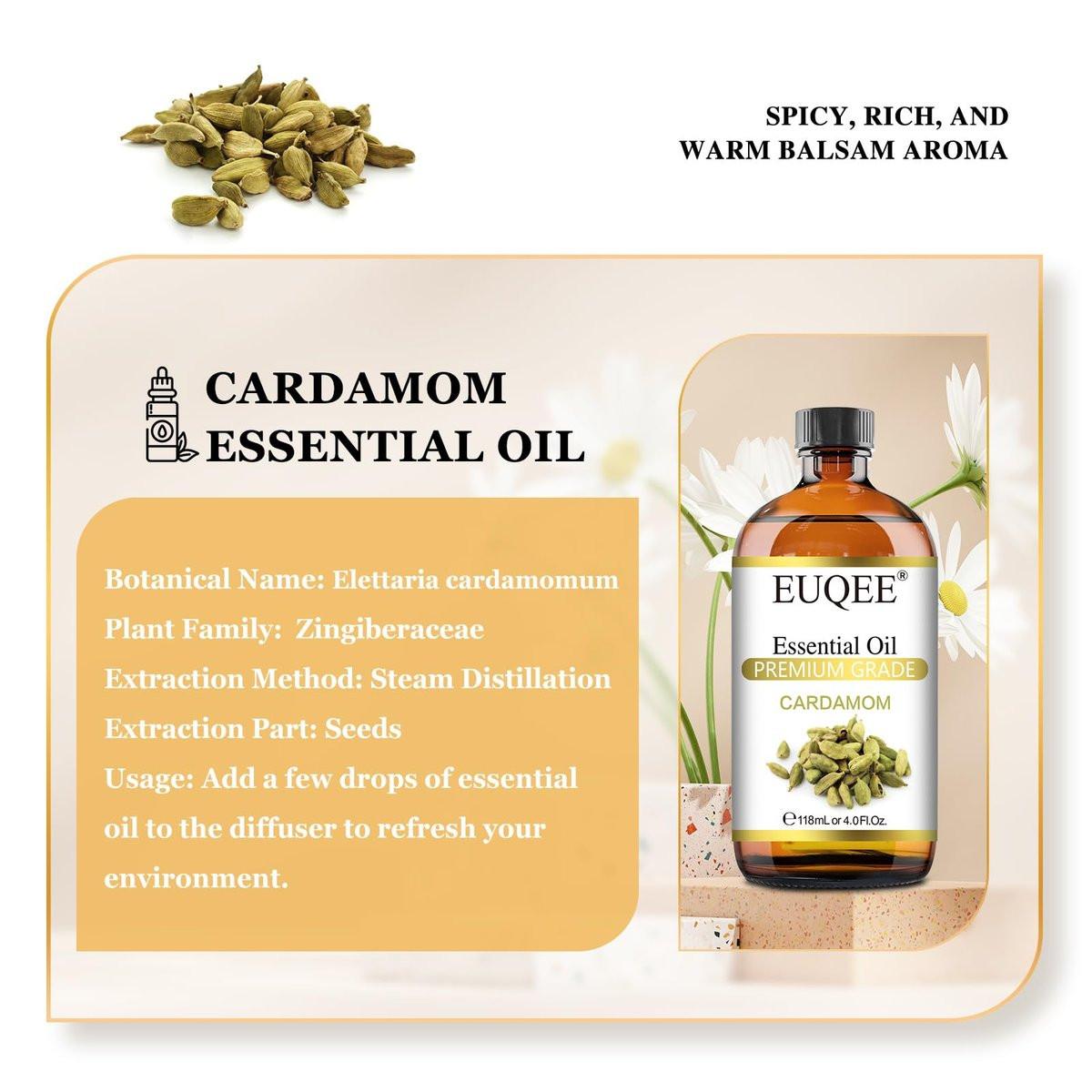 EUQEE Kardamom Ätherisches Öl 118 ml - Premium Kardamomöl mit Glaspipette, ideal für Diffuser, Kerzen- und Seifenherstellung - 4oz