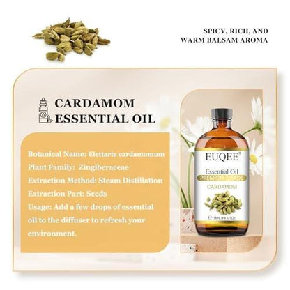 EUQEE Kardamom Ätherisches Öl 118 ml - Premium Kardamomöl mit Glaspipette, ideal für Diffuser, Kerzen- und Seifenherstellung - 4oz