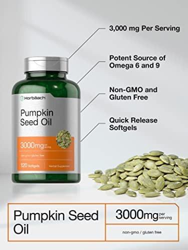 Horbäach Kürbiskernöl 3000mg | 120 Weichkapseln | Essentielle Fettsäuren mit Omega 6 und 9 | Kaltgepresstes Nahrungsergänzungsmittel | Non-GMO und glutenfreie Formel