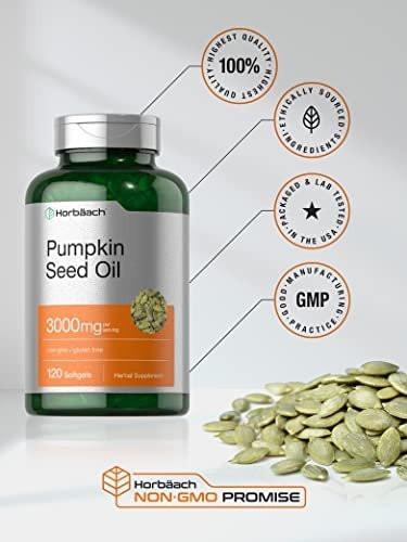 Horbäach Kürbiskernöl 3000mg | 120 Weichkapseln | Essentielle Fettsäuren mit Omega 6 und 9 | Kaltgepresstes Nahrungsergänzungsmittel | Non-GMO und glutenfreie Formel