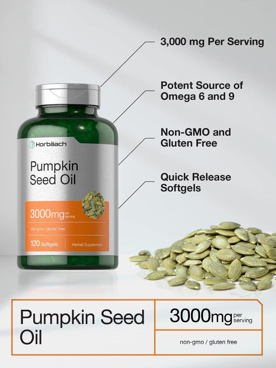 Horbäach Kürbiskernöl 3000mg | 120 Weichkapseln | Essentielle Fettsäuren mit Omega 6 und 9 | Kaltgepresstes Nahrungsergänzungsmittel | Non-GMO und glutenfreie Formel