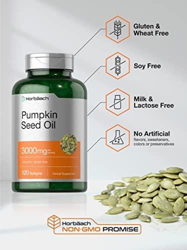 Horbäach Kürbiskernöl 3000mg | 120 Weichkapseln | Essentielle Fettsäuren mit Omega 6 und 9 | Kaltgepresstes Nahrungsergänzungsmittel | Non-GMO und glutenfreie Formel