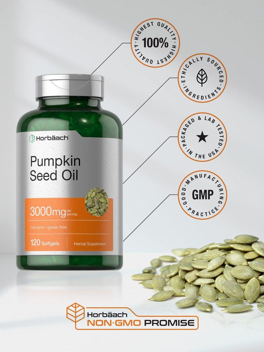 Horbäach Kürbiskernöl 3000mg | 120 Weichkapseln | Essentielle Fettsäuren mit Omega 6 und 9 | Kaltgepresstes Nahrungsergänzungsmittel | Non-GMO und glutenfreie Formel