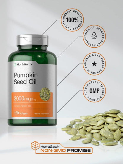 Horbäach Kürbiskernöl 3000mg | 120 Weichkapseln | Essentielle Fettsäuren mit Omega 6 und 9 | Kaltgepresstes Nahrungsergänzungsmittel | Non-GMO und glutenfreie Formel