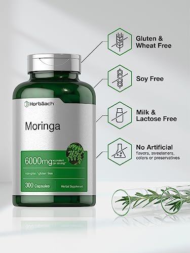 Horbäach Moringa Oleifera | 300 Kapseln | Vollwertiges grünes Superfood | Nicht-GMO und glutenfreie Extrakt-Formel