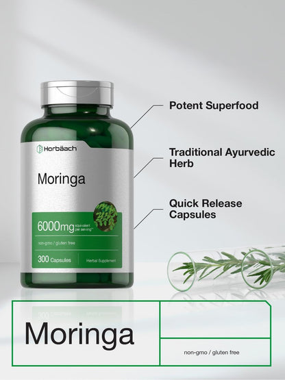 Horbäach Moringa Oleifera | 300 Kapseln | Vollwertiges grünes Superfood | Nicht-GMO und glutenfreie Extrakt-Formel