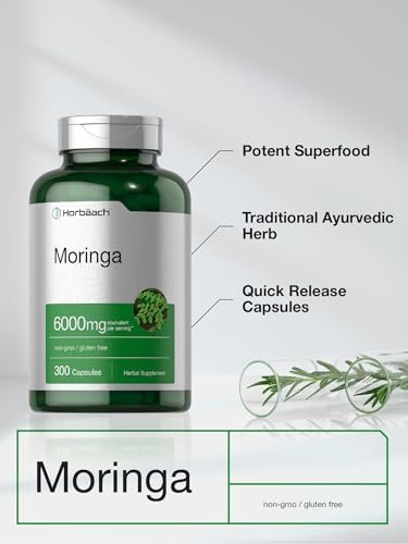 Horbäach Moringa Oleifera | 300 Kapseln | Vollwertiges grünes Superfood | Nicht-GMO und glutenfreie Extrakt-Formel