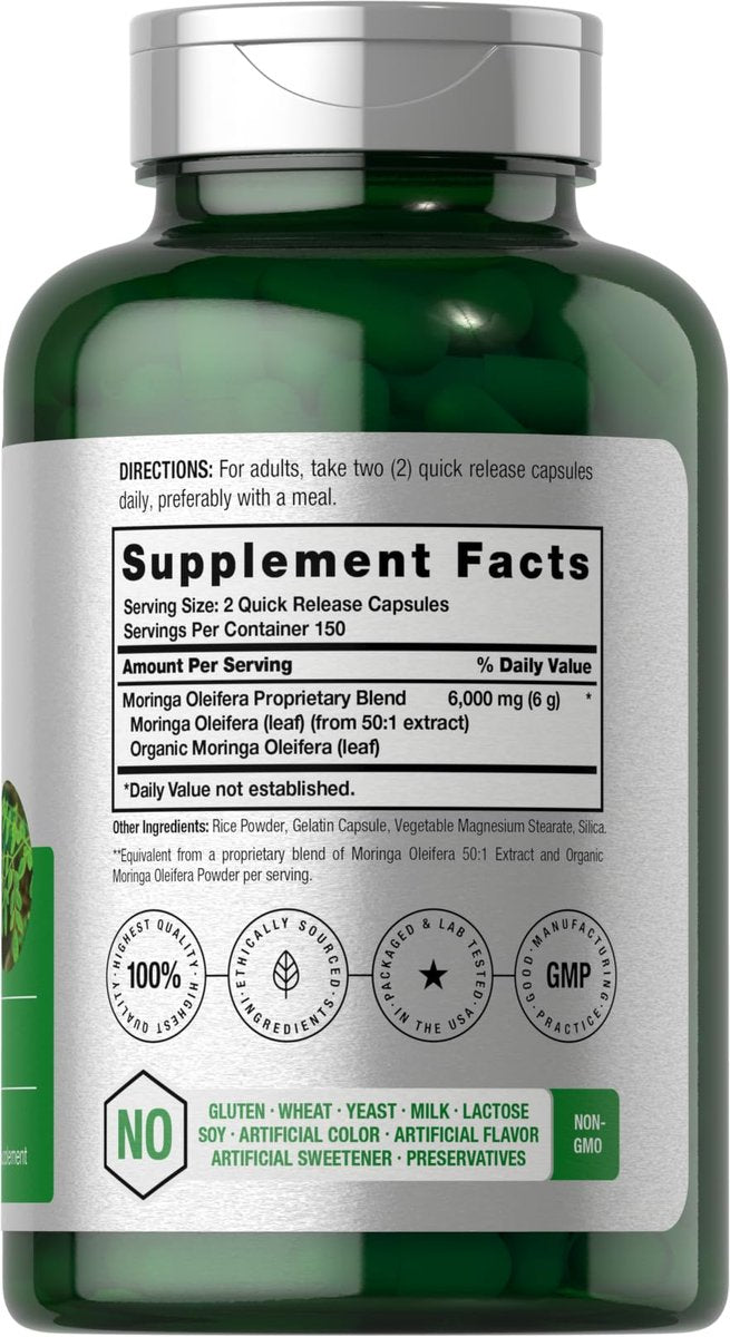Horbäach Moringa Oleifera | 300 Kapseln | Vollwertiges grünes Superfood | Nicht-GMO und glutenfreie Extrakt-Formel