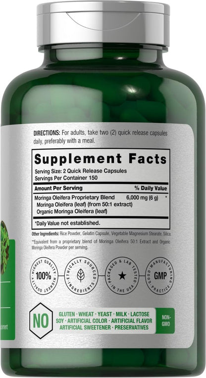 Horbäach Moringa Oleifera | 300 Kapseln | Vollwertiges grünes Superfood | Nicht-GMO und glutenfreie Extrakt-Formel