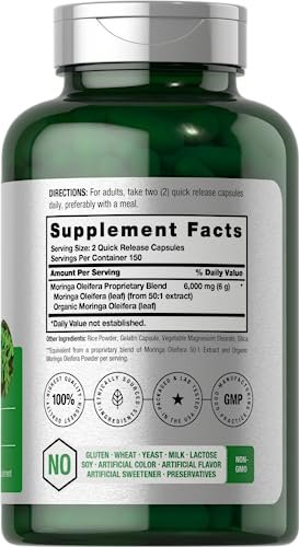 Horbäach Moringa Oleifera | 300 Kapseln | Vollwertiges grünes Superfood | Nicht-GMO und glutenfreie Extrakt-Formel