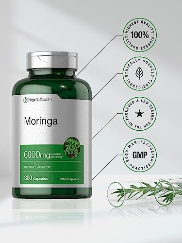 Horbäach Moringa Oleifera | 300 Kapseln | Vollwertiges grünes Superfood | Nicht-GMO und glutenfreie Extrakt-Formel