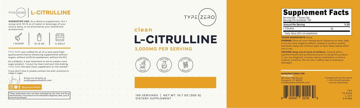 Type Zero L-Citrullin Base Pulver, 3.000 mg pro Portion - 100 Portionen