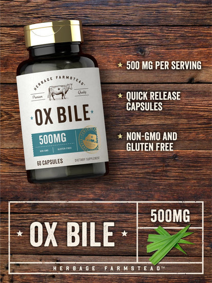 Carlyle Ox Galle Supplement 500 mg | 60 Kapseln | Verdauungsenzyme | Non-GMO & Glutenfrei | von Herbage Farmstead