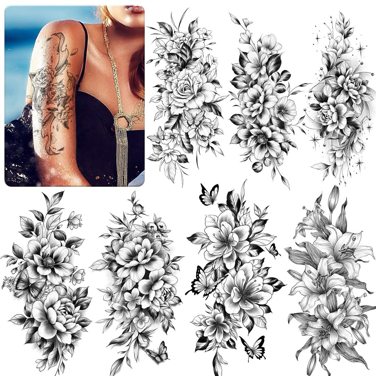 EMOME 12 Blätter Sexy Temporäre Tattoos für Frauen, Halbarm Blumen Fake Tattoo Ärmel, Realistische Tattoo Aufkleber für Erwachsene Mädchen Schulter Arm Bein Rücken