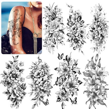 EMOME 12 Blätter Sexy Temporäre Tattoos für Frauen, Halbarm Blumen Fake Tattoo Ärmel, Realistische Tattoo Aufkleber für Erwachsene Mädchen Schulter Arm Bein Rücken