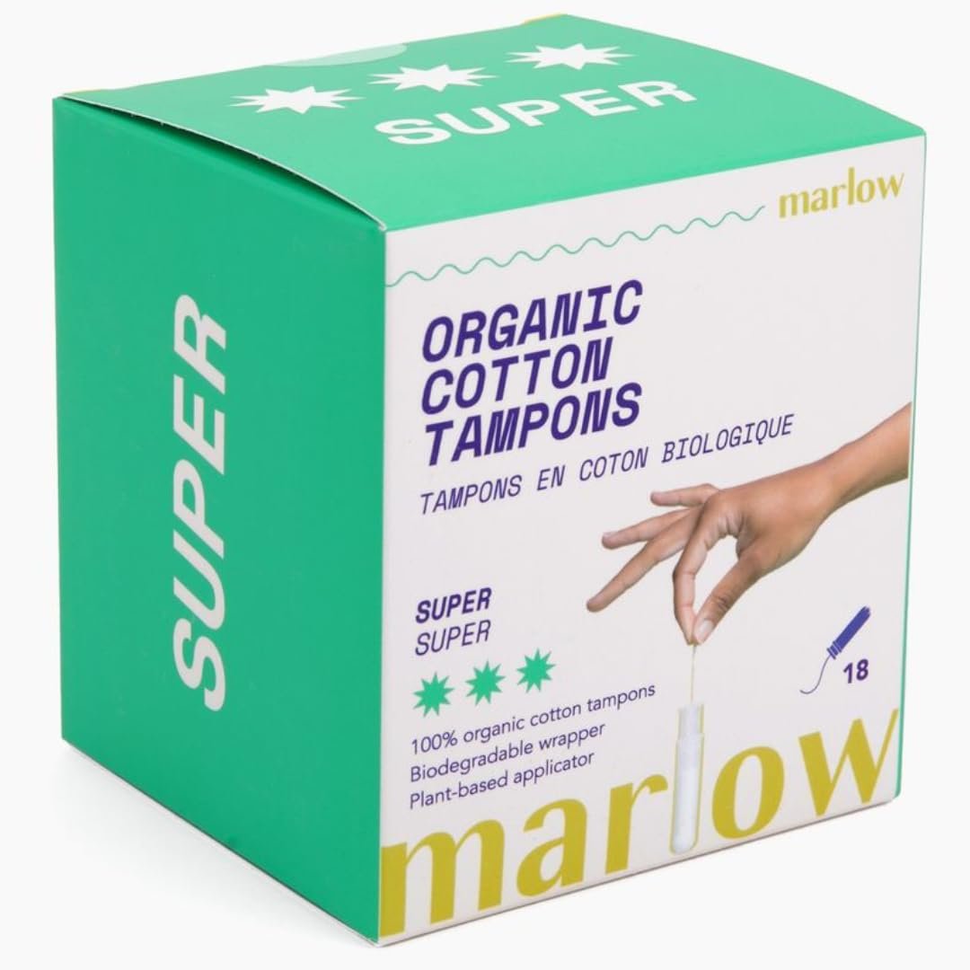 Marlow 100% Bio-Baumwoll-Tampons mit Easy-Glide-Technologie und kompaktem, pflanzlichem Applikator – BPA-frei, chlorfrei, toxin- und parfümfrei, hypoallergen, dermatologisch getestet, Super, 18 Stück