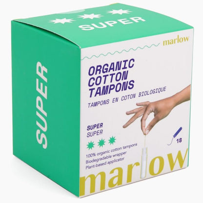 Marlow 100% Bio-Baumwoll-Tampons mit Easy-Glide-Technologie und kompaktem, pflanzlichem Applikator – BPA-frei, chlorfrei, toxin- und parfümfrei, hypoallergen, dermatologisch getestet, Super, 18 Stück