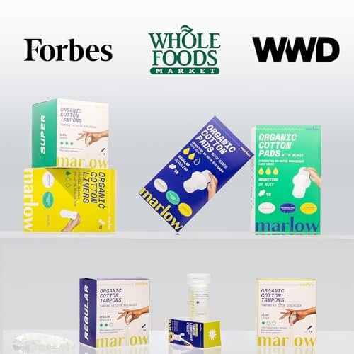 Marlow 100% Bio-Baumwoll-Tampons mit Easy-Glide-Technologie und kompaktem, pflanzlichem Applikator – BPA-frei, chlorfrei, toxin- und parfümfrei, hypoallergen, dermatologisch getestet, Super, 18 Stück