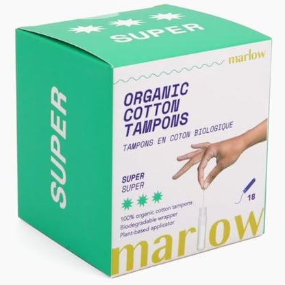 Marlow 100% Bio-Baumwoll-Tampons mit Easy-Glide-Technologie und kompaktem, pflanzlichem Applikator – BPA-frei, chlorfrei, toxin- und parfümfrei, hypoallergen, dermatologisch getestet, Super, 18 Stück