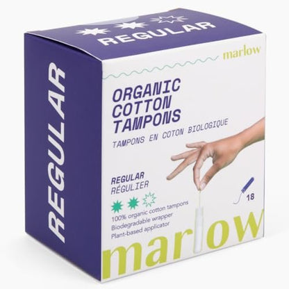 MARLOW 100% Bio-Baumwoll-Tampons mit kompaktem, pflanzlichem Applikator – chlorfrei, toxinarm, hypoallergen, dermatologisch getestet, parfümfrei, Regular, 18 Stück