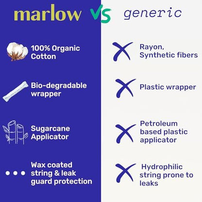 MARLOW 100% Bio-Baumwoll-Tampons mit kompaktem, pflanzlichem Applikator – chlorfrei, toxinarm, hypoallergen, dermatologisch getestet, parfümfrei, Regular, 18 Stück