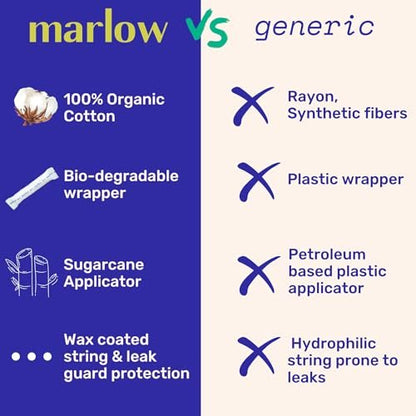 Marlow 100% Bio-Baumwoll-Tampons mit Easy-Glide-Applikator aus pflanzlichen Materialien, chlorfrei, giftfrei, hypoallergen, dermatologisch getestet, parfümfrei, Light, 18 Stück