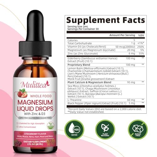 Mulittea Magnesium Glycinat Flüssig – Hochdosiert mit Vollwertnahrung, Vegan, Zuckerfrei, zur Unterstützung von Nerven, Entspannung, Muskeln und Schlaf*