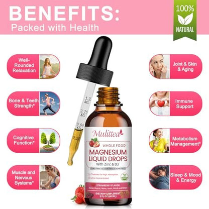 Mulittea Magnesium Glycinat Flüssig – Hochdosiert mit Vollwertnahrung, Vegan, Zuckerfrei, zur Unterstützung von Nerven, Entspannung, Muskeln und Schlaf*