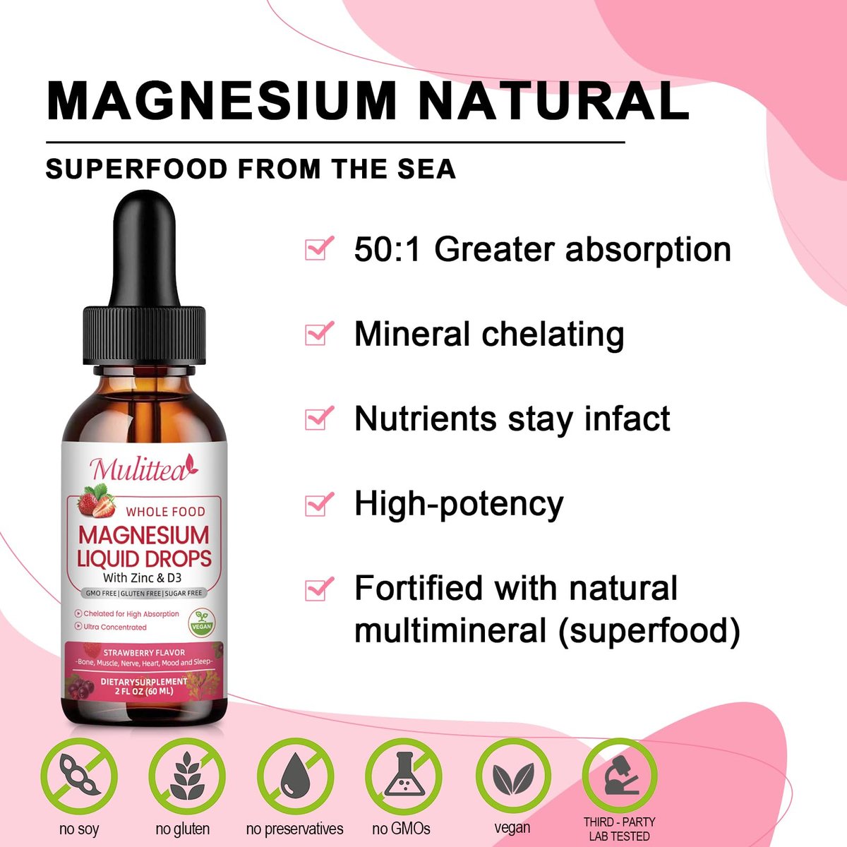 Mulittea Magnesium Glycinat Flüssig – Hochdosiert mit Vollwertnahrung, Vegan, Zuckerfrei, zur Unterstützung von Nerven, Entspannung, Muskeln und Schlaf*