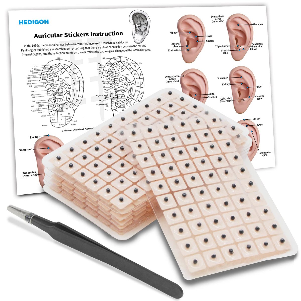 Ear Seeds Auricular Sticker Set – 420-teiliges Akupunktur-Set mit Ohrsamen, Ohrkarte und Pinzette