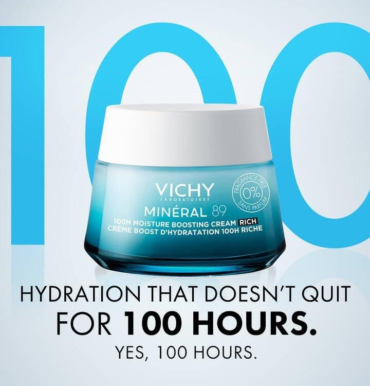VICHY Mineral 89 Rich Cream – 24h Feuchtigkeitsbooster für trockene Haut mit Hyaluronsäure, Niacinamid und Lipiden