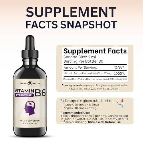 Think Above Vitamin B6 Flüssigtropfen - Pyridoxinhydrochlorid - 17 mg 1000% RDA - Ohne Füllstoffe - 30-Tage-Vorrat - (60 ml) für Erwachsene