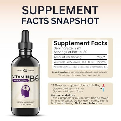 Think Above Vitamin B6 Flüssigtropfen - Pyridoxinhydrochlorid - 17 mg 1000% RDA - Ohne Füllstoffe - 30-Tage-Vorrat - (60 ml) für Erwachsene