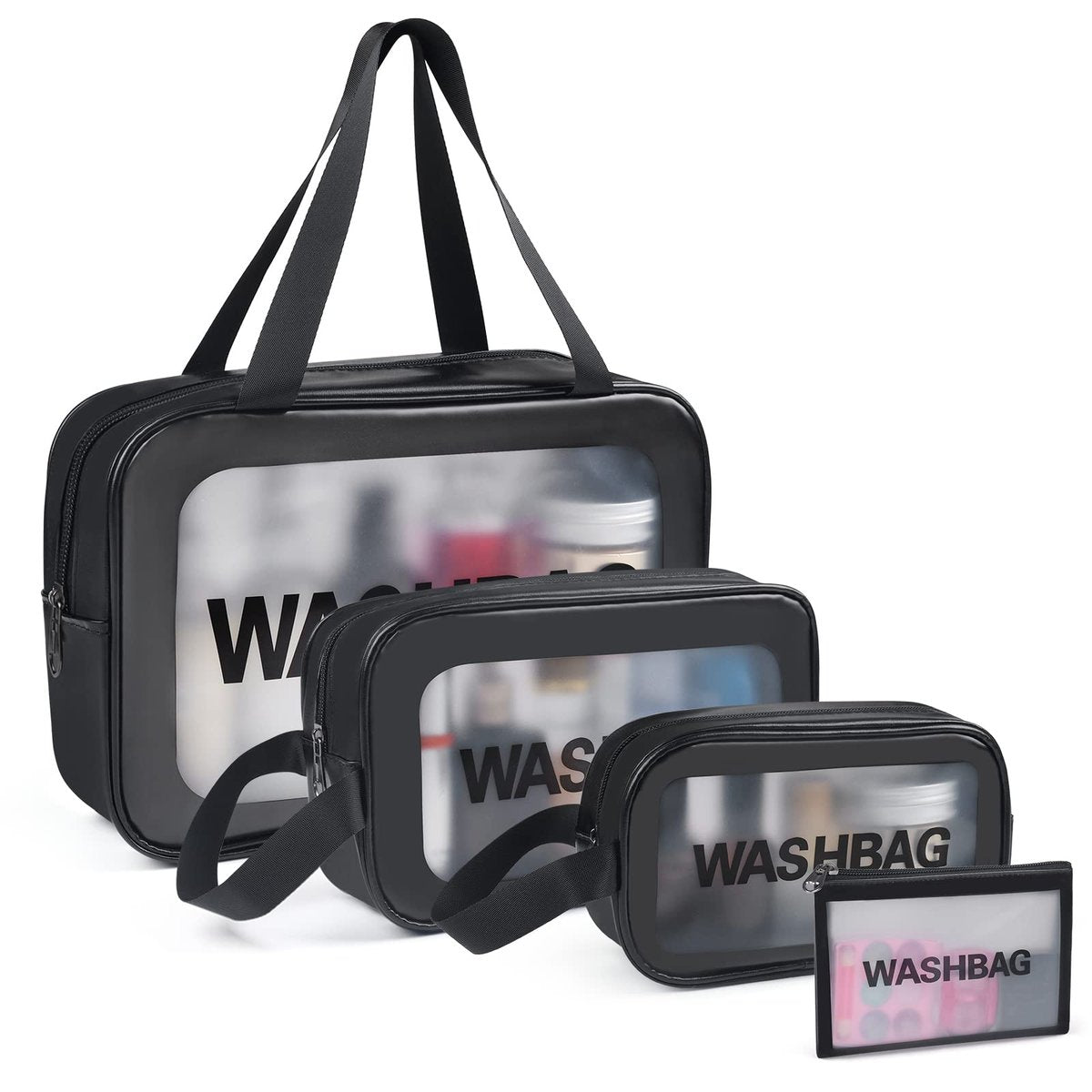 YuanCheng 4er-Set PU-Leder Reise-Kulturbeutel mit Griff, Transparente wasserdichte Make-up-Taschen für Damen, Große Kapazität Kosmetiktaschen