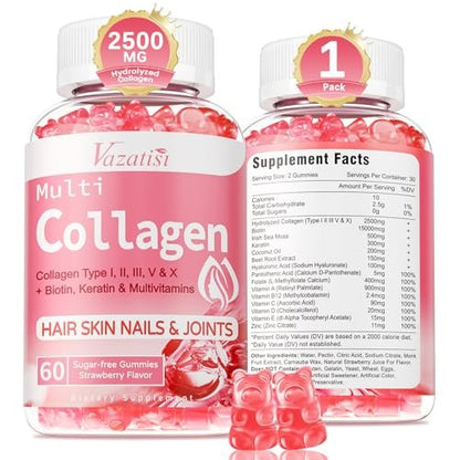 Vazatisi Kollagen-Peptid-Gummis für Frauen & Männer, Zuckerfrei, Hydrolysiertes Kollagen mit Biotin für Haut, Haare, Nägel, Verdauung, Multi-Kollagen-Protein Typ I II III V X mit Hyaluronsäure & Vitamin C, 60 Stück