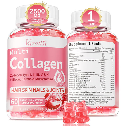 Vazatisi Kollagen-Peptid-Gummis für Frauen & Männer, Zuckerfrei, Hydrolysiertes Kollagen mit Biotin für Haut, Haare, Nägel, Verdauung, Multi-Kollagen-Protein Typ I II III V X mit Hyaluronsäure & Vitamin C, 60 Stück