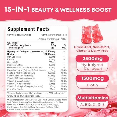 Vazatisi Kollagen-Peptid-Gummis für Frauen & Männer, Zuckerfrei, Hydrolysiertes Kollagen mit Biotin für Haut, Haare, Nägel, Verdauung, Multi-Kollagen-Protein Typ I II III V X mit Hyaluronsäure & Vitamin C, 60 Stück