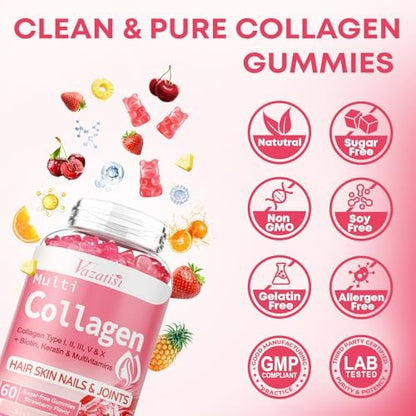 Vazatisi Kollagen-Peptid-Gummis für Frauen & Männer, Zuckerfrei, Hydrolysiertes Kollagen mit Biotin für Haut, Haare, Nägel, Verdauung, Multi-Kollagen-Protein Typ I II III V X mit Hyaluronsäure & Vitamin C, 60 Stück