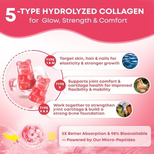 Vazatisi Kollagen-Peptid-Gummis für Frauen & Männer, Zuckerfrei, Hydrolysiertes Kollagen mit Biotin für Haut, Haare, Nägel, Verdauung, Multi-Kollagen-Protein Typ I II III V X mit Hyaluronsäure & Vitamin C, 60 Stück