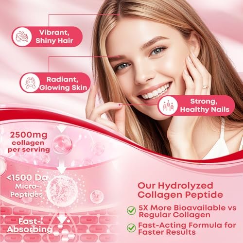 Vazatisi Kollagen-Peptid-Gummis für Frauen & Männer, Zuckerfrei, Hydrolysiertes Kollagen mit Biotin für Haut, Haare, Nägel, Verdauung, Multi-Kollagen-Protein Typ I II III V X mit Hyaluronsäure & Vitamin C, 60 Stück