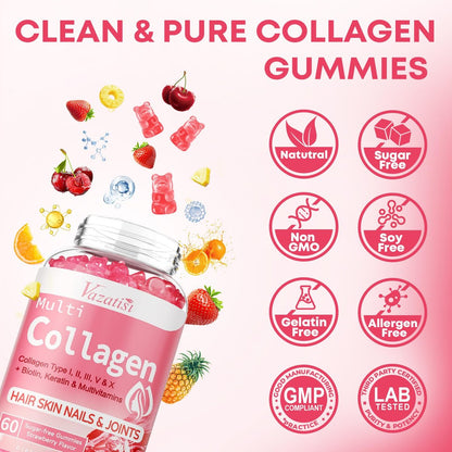 Vazatisi Kollagen-Peptid-Gummis für Frauen & Männer, Zuckerfrei, Hydrolysiertes Kollagen mit Biotin für Haut, Haare, Nägel, Verdauung, Multi-Kollagen-Protein Typ I II III V X mit Hyaluronsäure & Vitamin C, 60 Stück