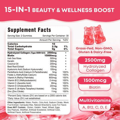 Vazatisi Kollagen-Peptid-Gummis für Frauen & Männer, Zuckerfrei, Hydrolysiertes Kollagen mit Biotin für Haut, Haare, Nägel, Verdauung, Multi-Kollagen-Protein Typ I II III V X mit Hyaluronsäure & Vitamin C, 60 Stück