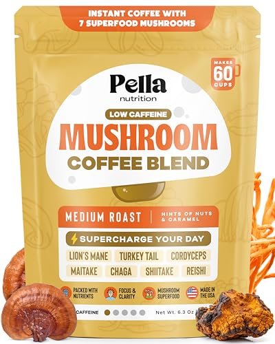 Koffeinarme Pilz-Kaffee-Mischung (60 Portionen) – Superfood Instantkaffee mit Löwenmähne, Reishi, Chaga, Cordyceps, Shiitake, Maitake und Truthahnschwanzpilzen