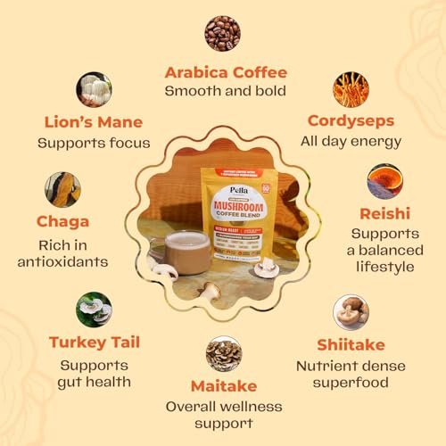 Koffeinarme Pilz-Kaffee-Mischung (60 Portionen) – Superfood Instantkaffee mit Löwenmähne, Reishi, Chaga, Cordyceps, Shiitake, Maitake und Truthahnschwanzpilzen
