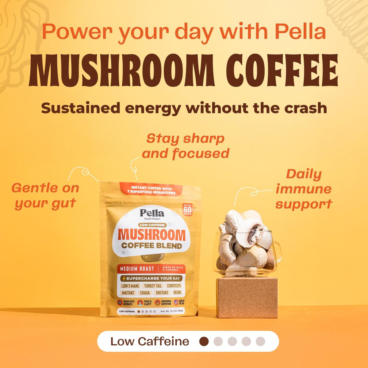 Koffeinarme Pilz-Kaffee-Mischung (60 Portionen) – Superfood Instantkaffee mit Löwenmähne, Reishi, Chaga, Cordyceps, Shiitake, Maitake und Truthahnschwanzpilzen